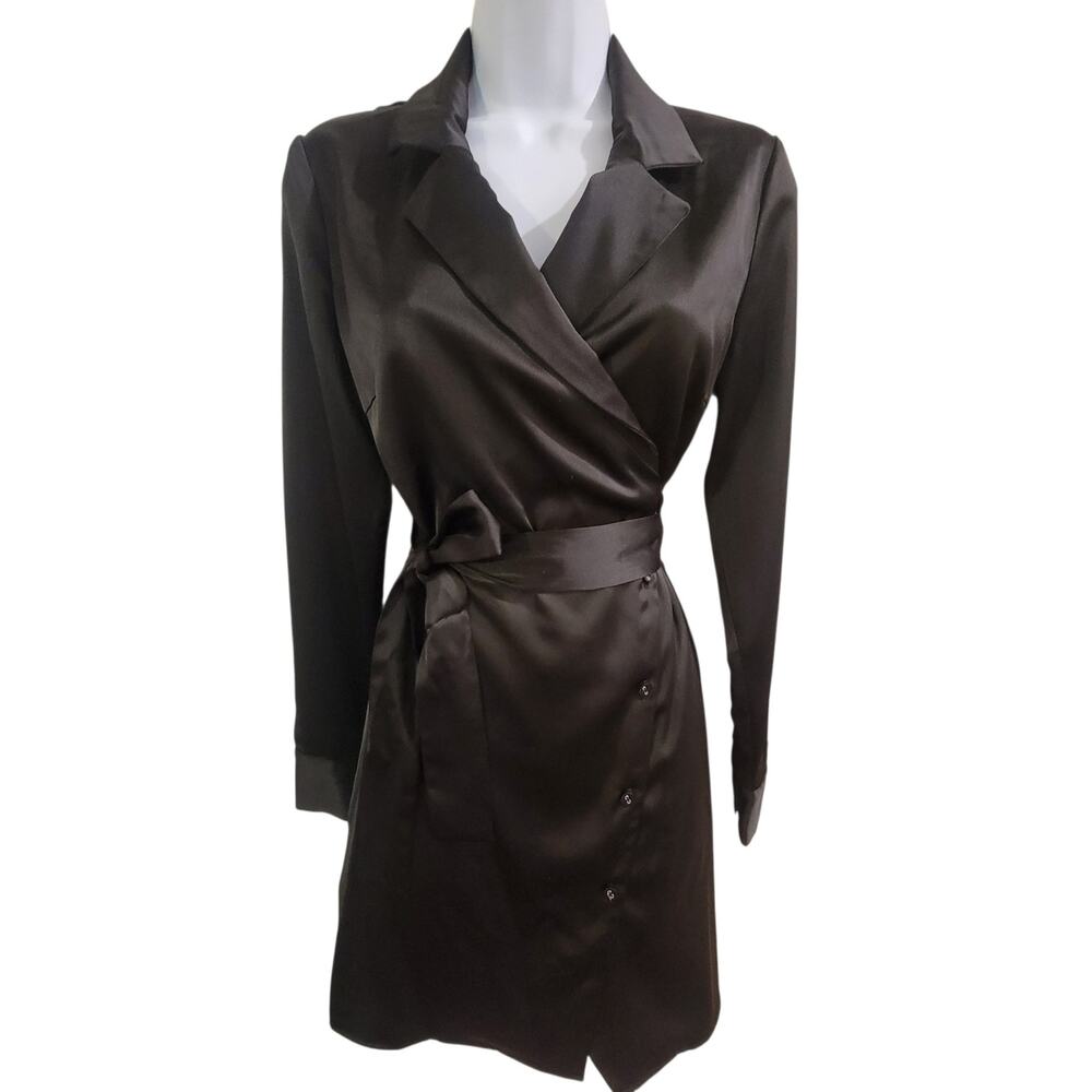 Nasty Gal Black Satin Wrap Blazer Dress Size US 6 Belted Long Sleeve Mini Dress
